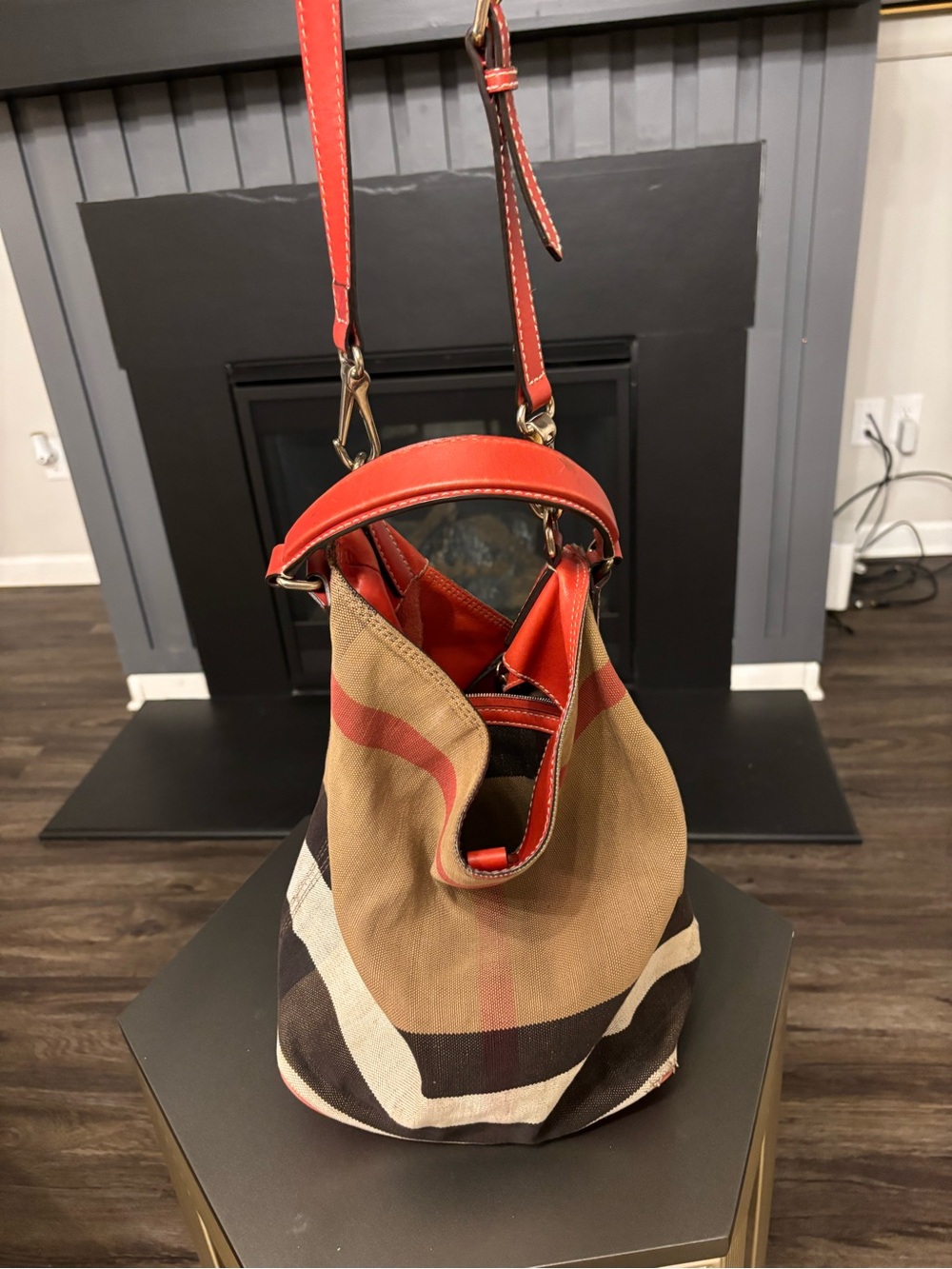 Burberry Canvas Hobo with Red Leather Trim